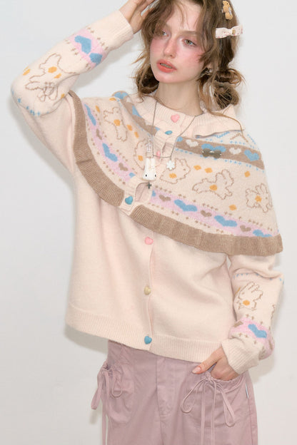 Ensemble cardigan en maille et châle abricot