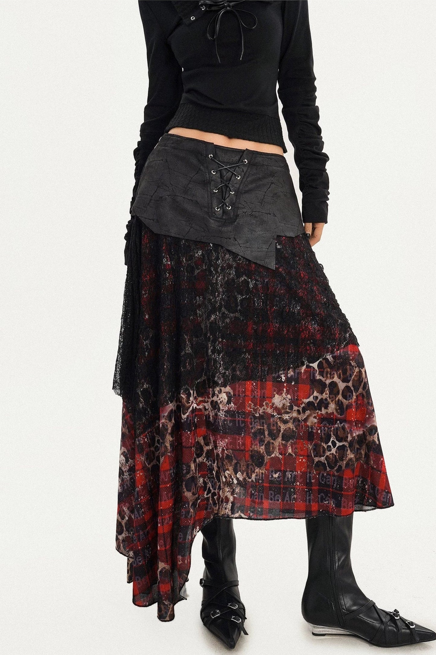 Dark Red Plaid Mesh Skirt and Top Set