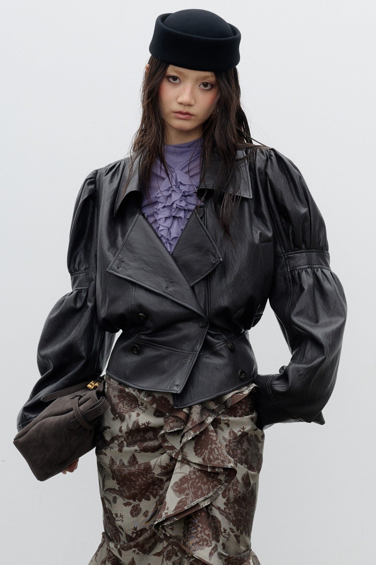 Puff Sleeve PU Leather Silhouette Jacket