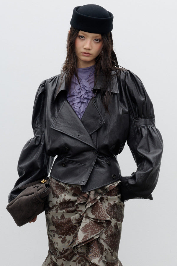 Puff Sleeve PU Leather Silhouette Jacket