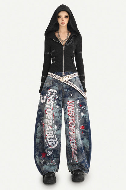 Graffiti Print Wide-Leg Jeans