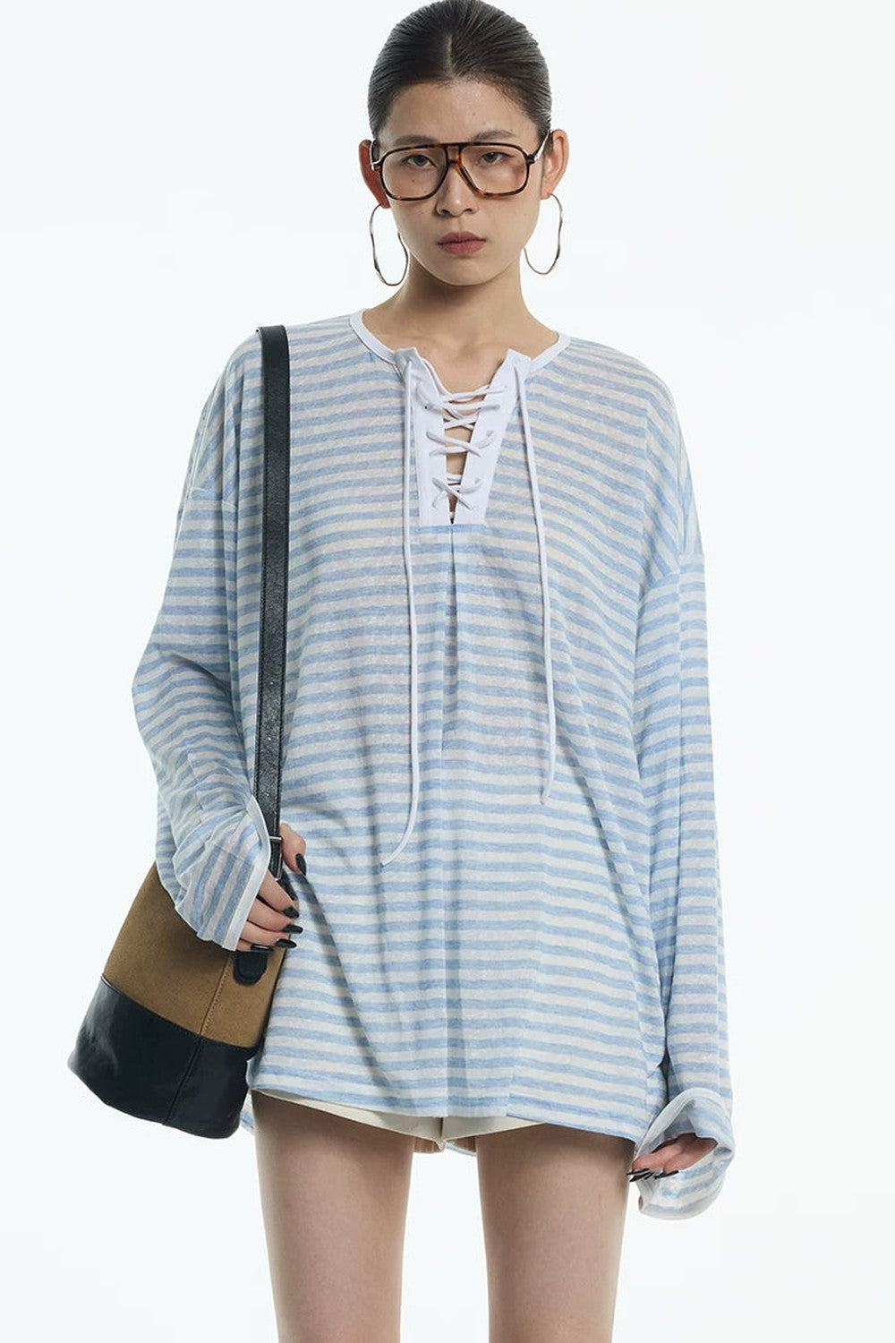 Navy Blue Tie-Neck Lyocell Top
