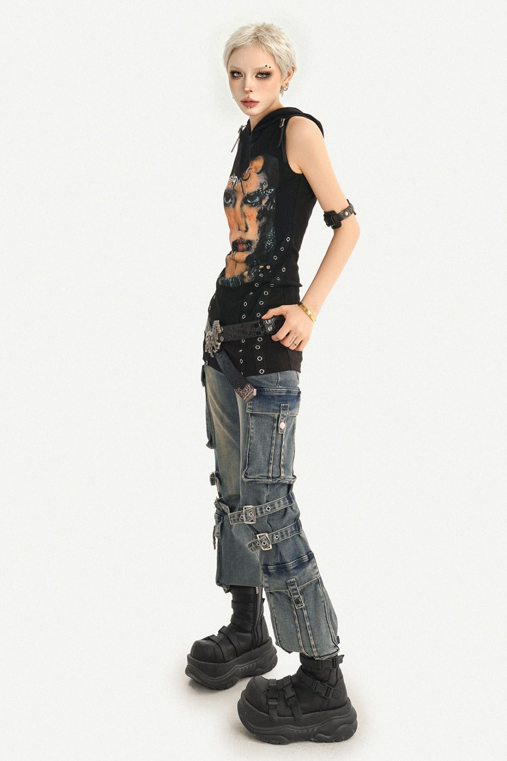 Punk Rivet Printed Hooded Dress