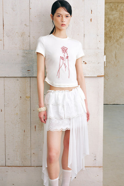 Rose Embroidery Slim Fit Short Sleeve T-Shirt
