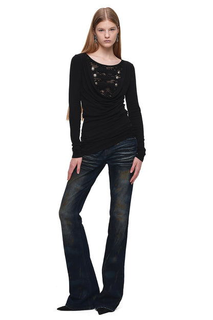 Long-Sleeved Lace Drape Neck Knit Dress
