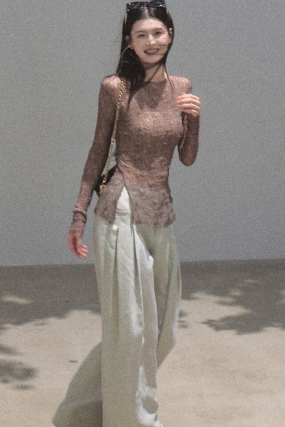 Silver Textured Knit Lace Top
