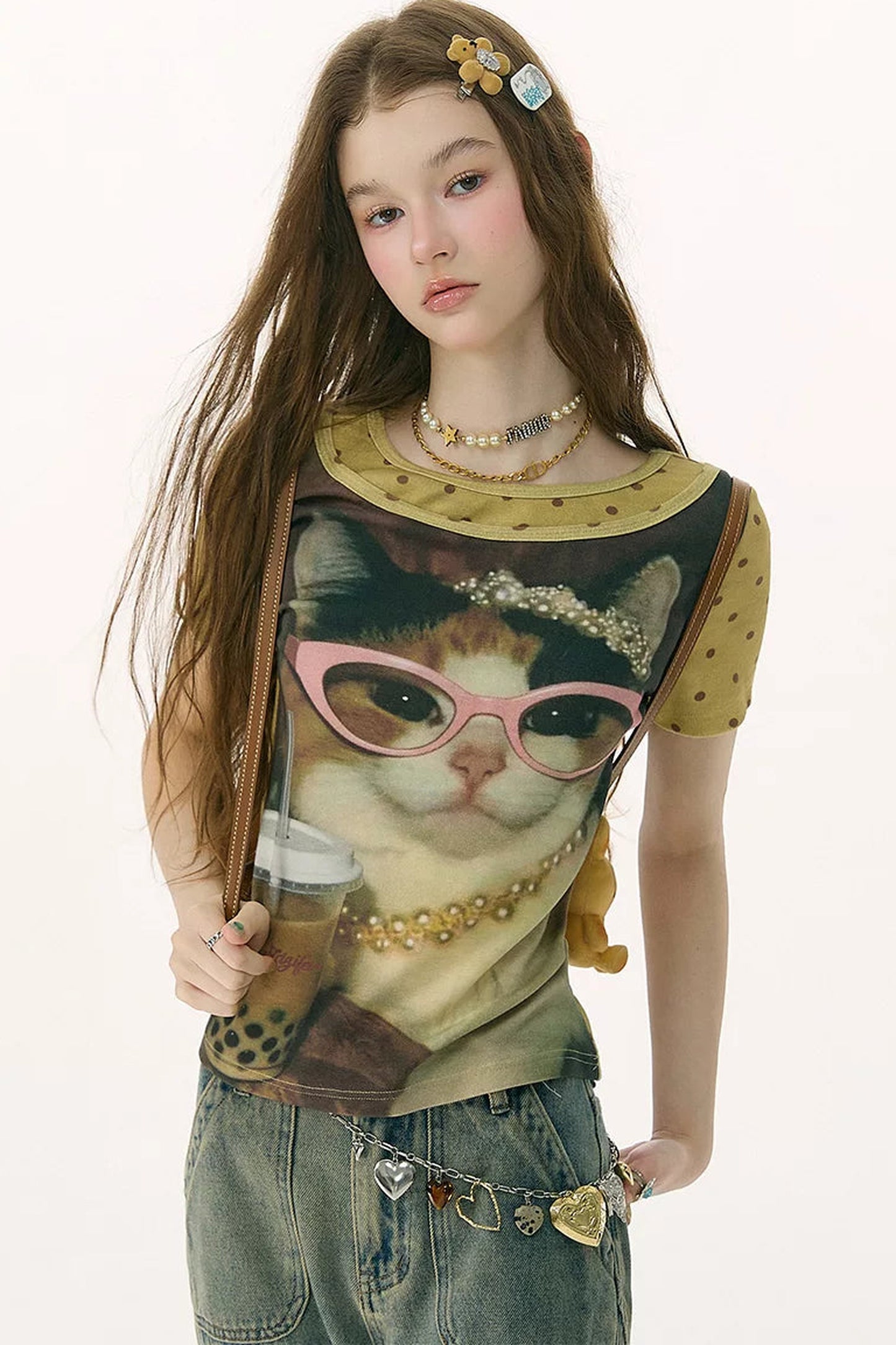 Retro Distressed Cat Print Yellow T-Shirt