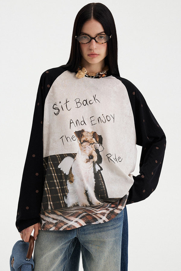 Puppy Print Colorblock Raglan Long Sleeve T-Shirt