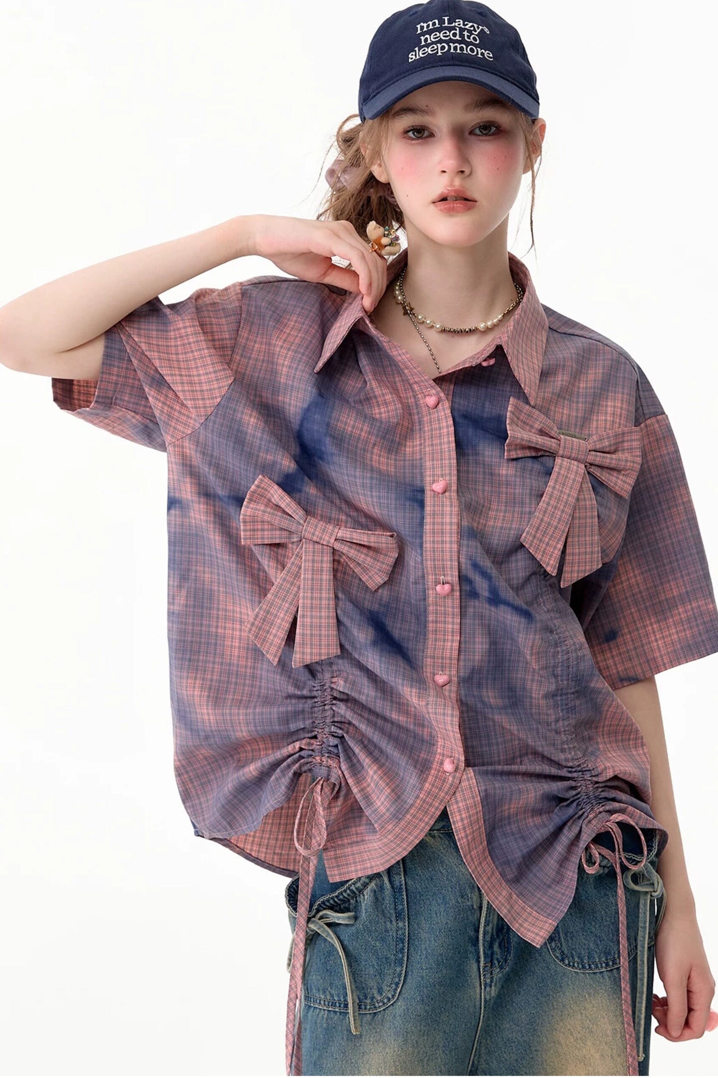 Chemise à manches courtes à carreaux roses avec nœud et cordon de serrage