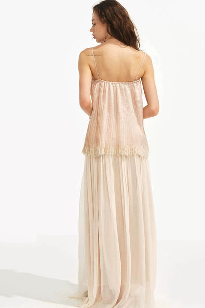 Retro Pleated Lace Pearl Skirt Set-Up