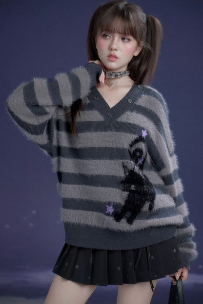 Halloween Meow Black Gray Striped Sweater Set-Up