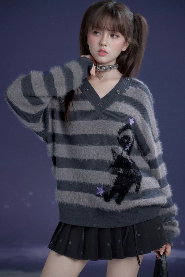 Halloween Meow Black Gray Striped Sweater Set-Up