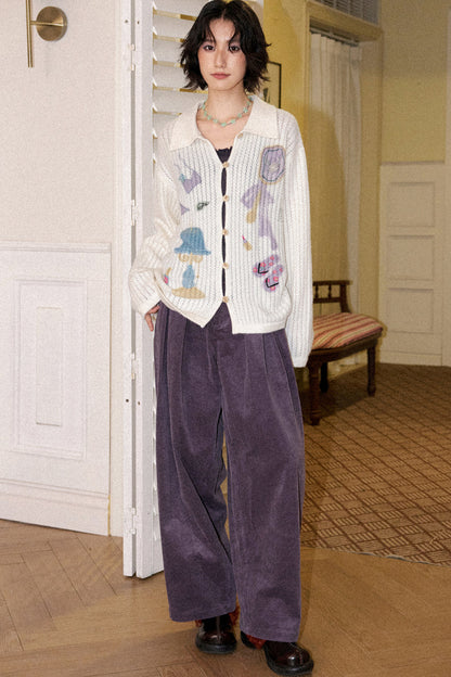 Perforated Long-Sleeved Vertical Stripe Printed Knit Set-Up