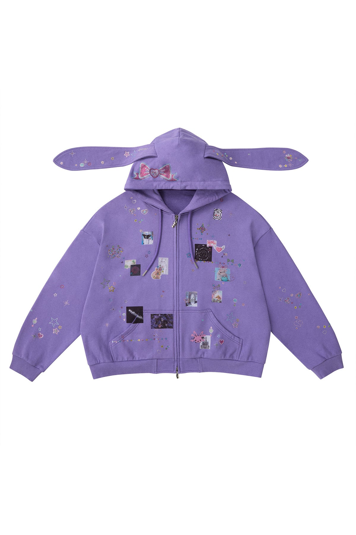 Bunny Ear Rhinestone Sticker Sweat Jacket