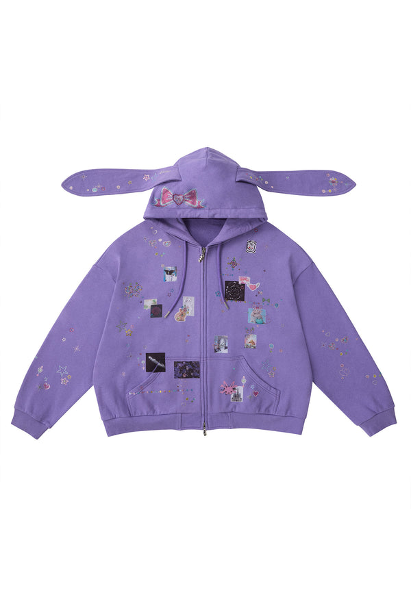 Bunny Ear Rhinestone Sticker Sweat Jacket