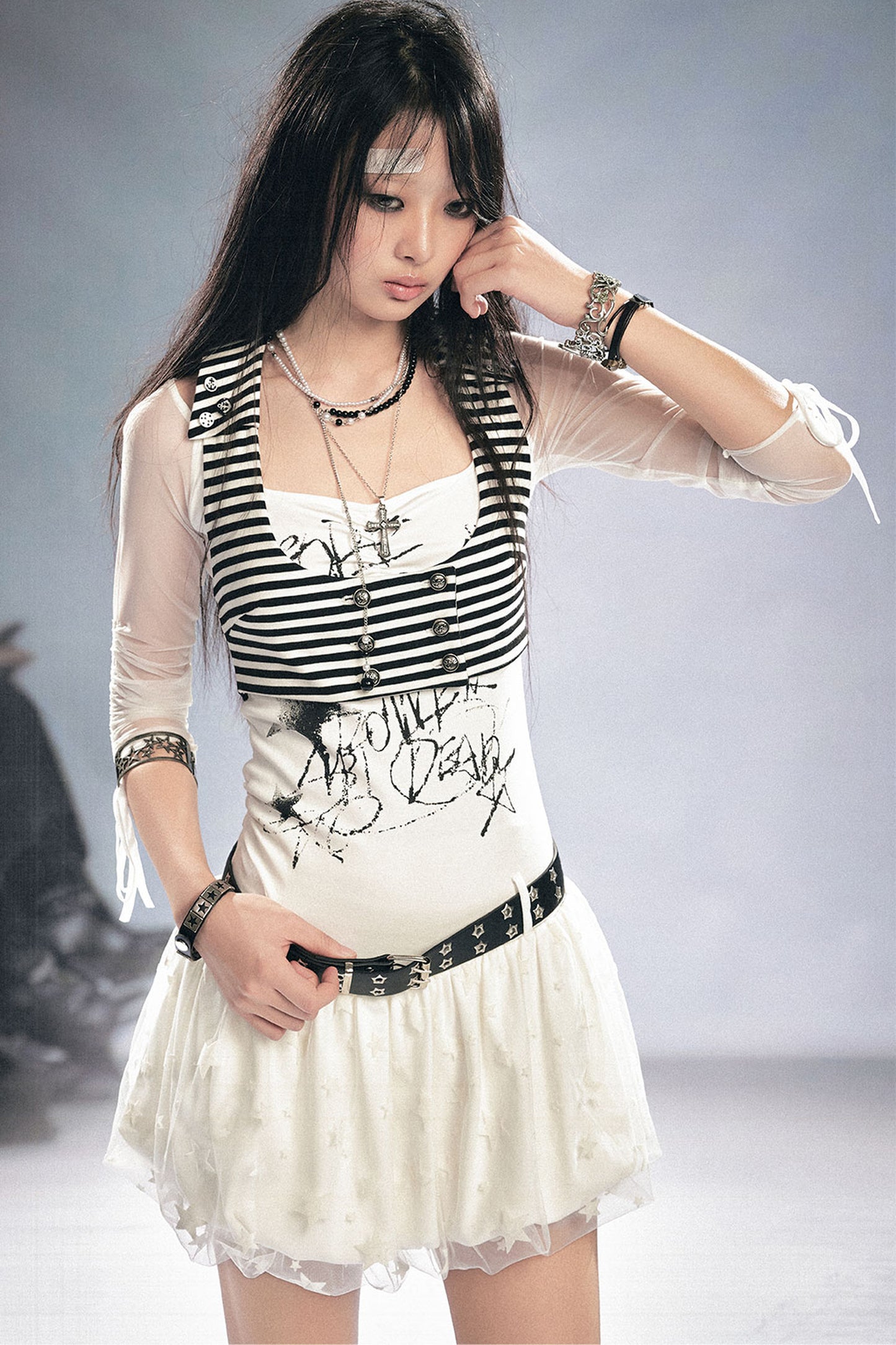 Patchwork Mesh Knit Dress Set-Up