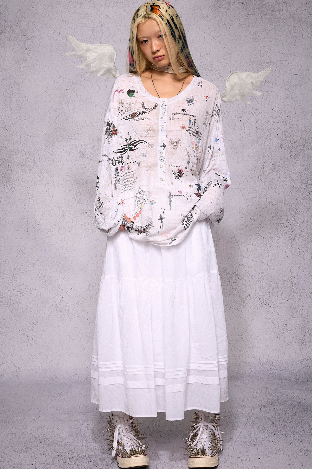 Manuscript Print Long Sleeve Open Front Shirt