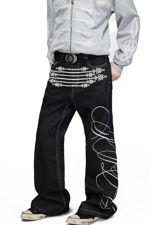 Rope Embroidery Flared Jeans