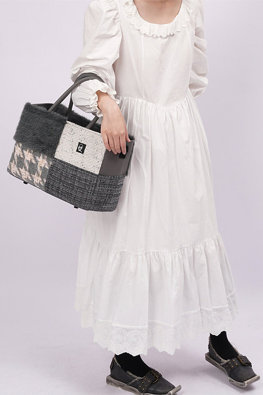 Furry Color-Block Tote Bag