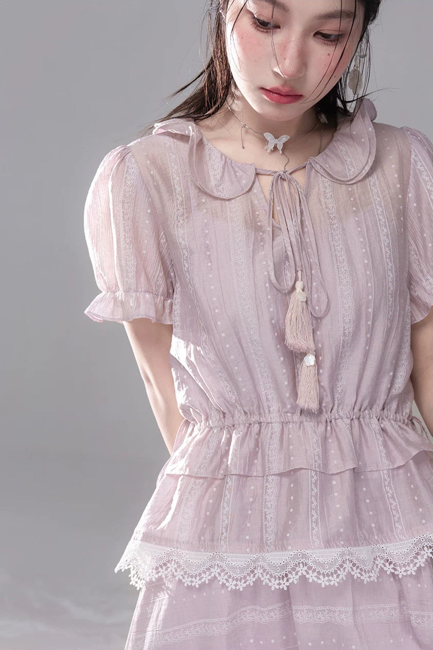 Romantic Sicily Lyocell Ruffle Collar Blouse Set-Up