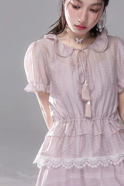 Romantic Sicily Lyocell Ruffle Collar Blouse Set-Up