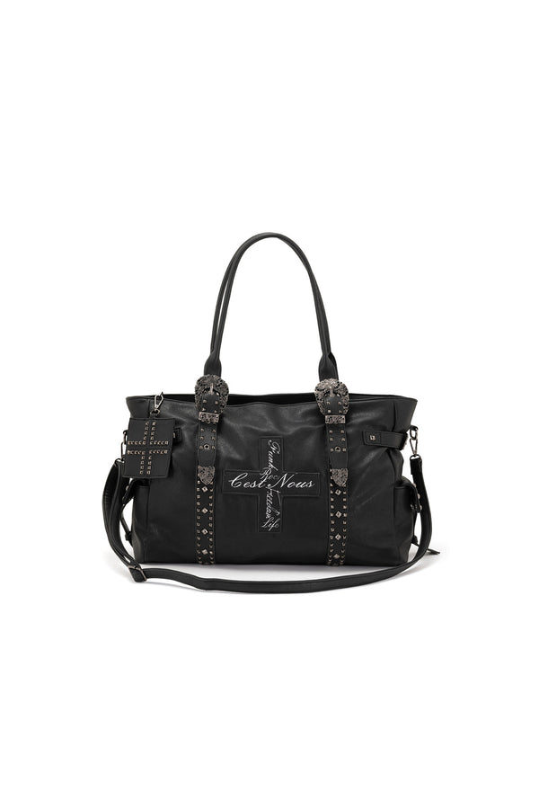 Cross Rivet Leather Shoulder Bag
