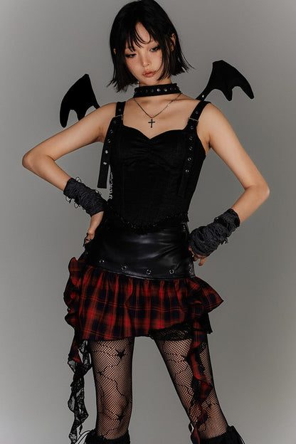 Irregular Hem Ruffle Patchwork Plaid Skirt