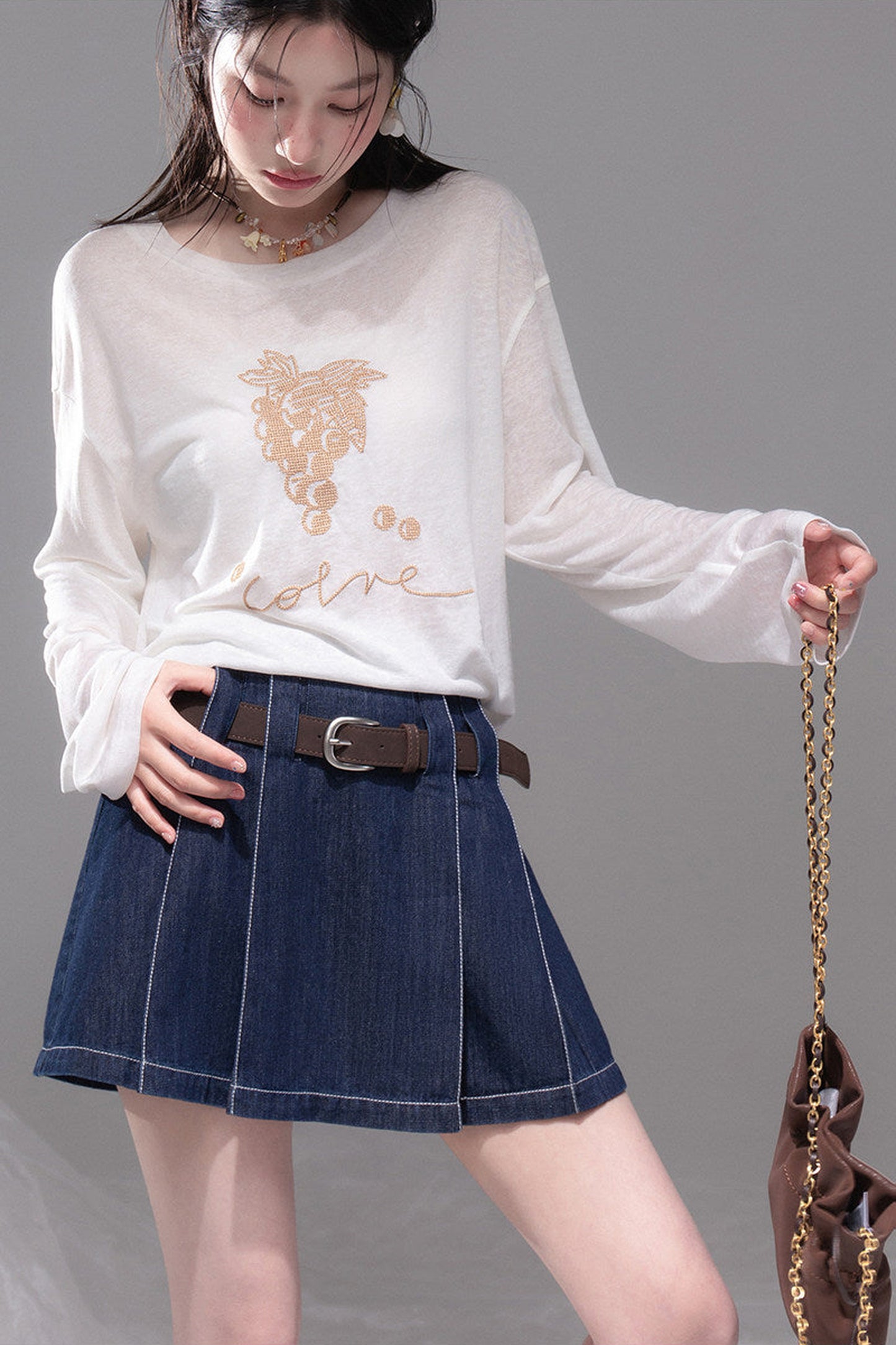 Night Blue Pleated Denim Skirt