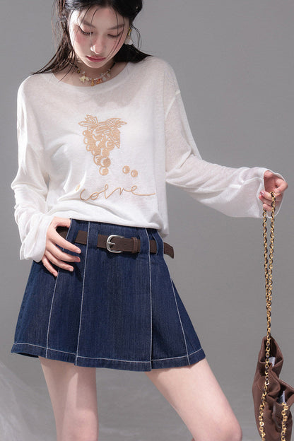 Night Blue Pleated Denim Skirt