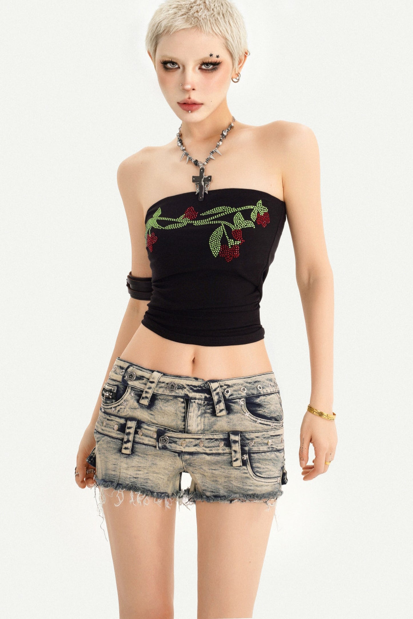 Rhinestone Floral Strapless Top