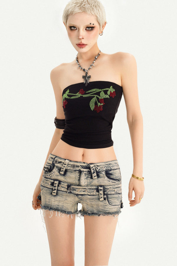 Rhinestone Floral Strapless Top