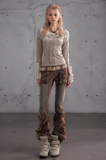 Punk Flocked Ruched Low-Waist Curved Leg Jeans
