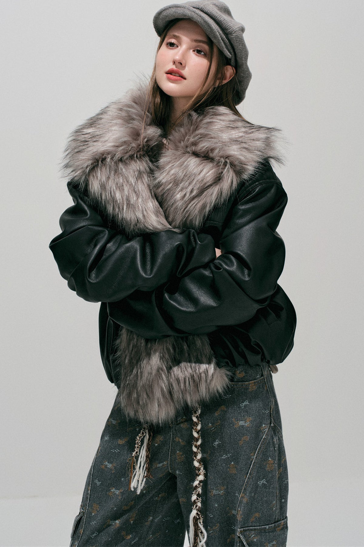 Large Fur Collar Leather Jacket