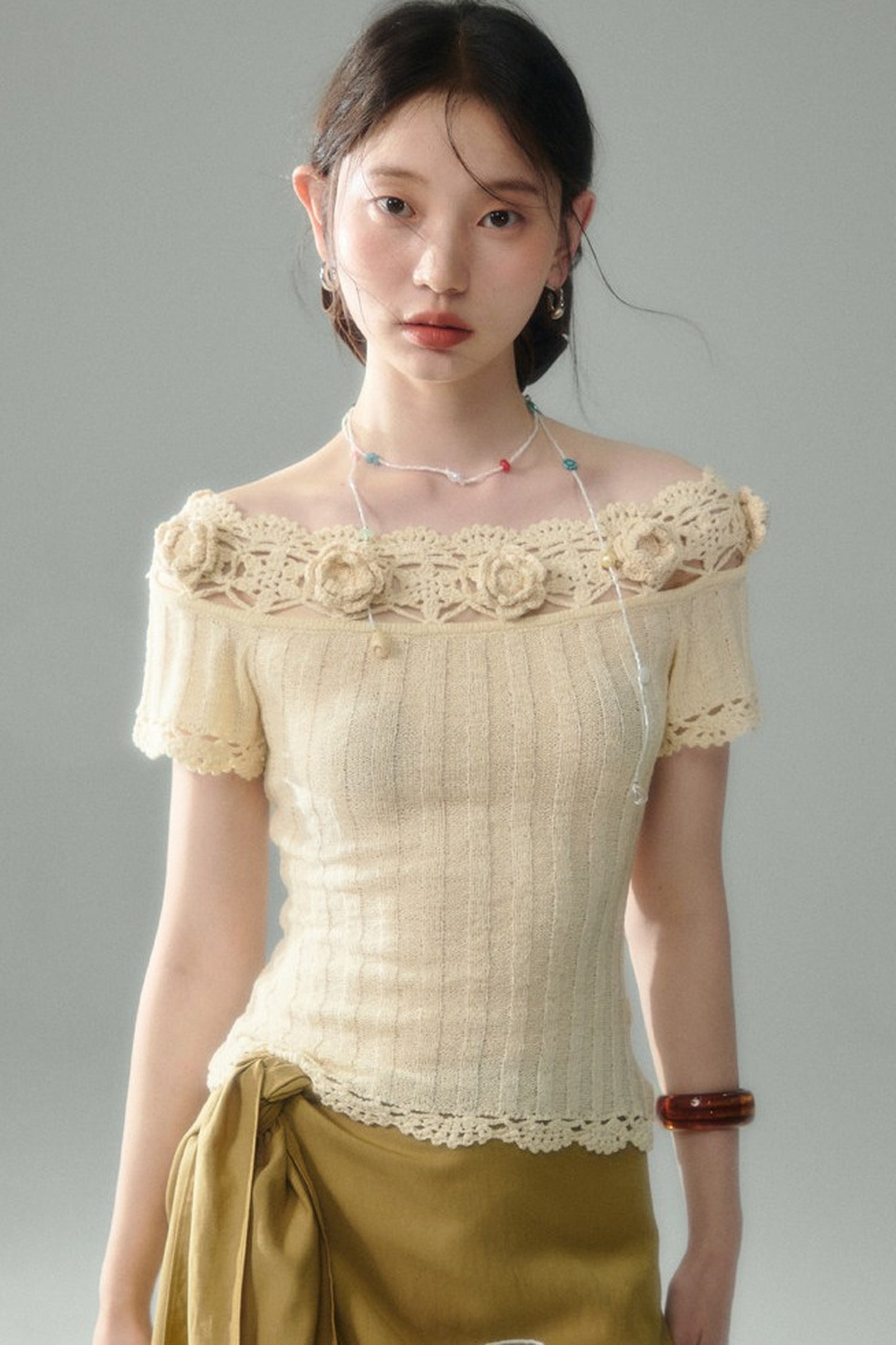 Handmade Crochet Camellia Off-Shoulder Knit Top