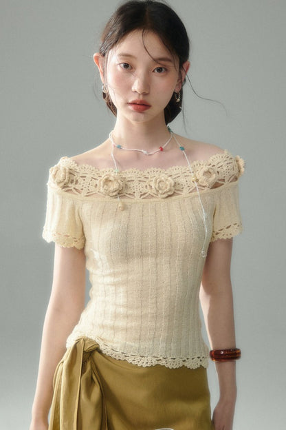 Handmade Crochet Camellia Off-Shoulder Knit Top