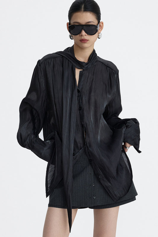 Pleated Tie Neck Shirt