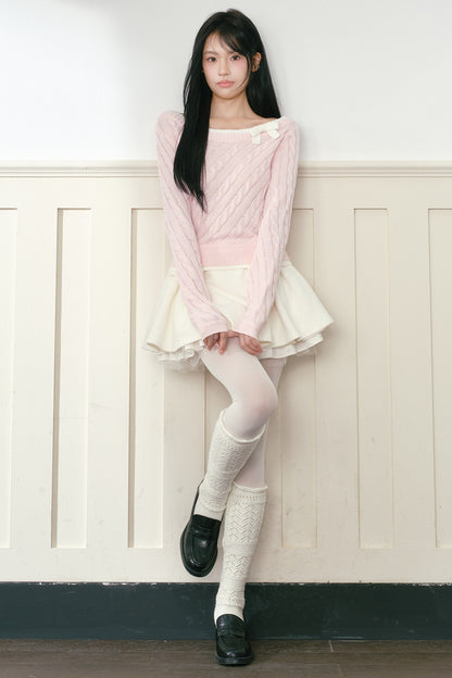 Pink Bow Cable-Knit Off-Shoulder Sweater