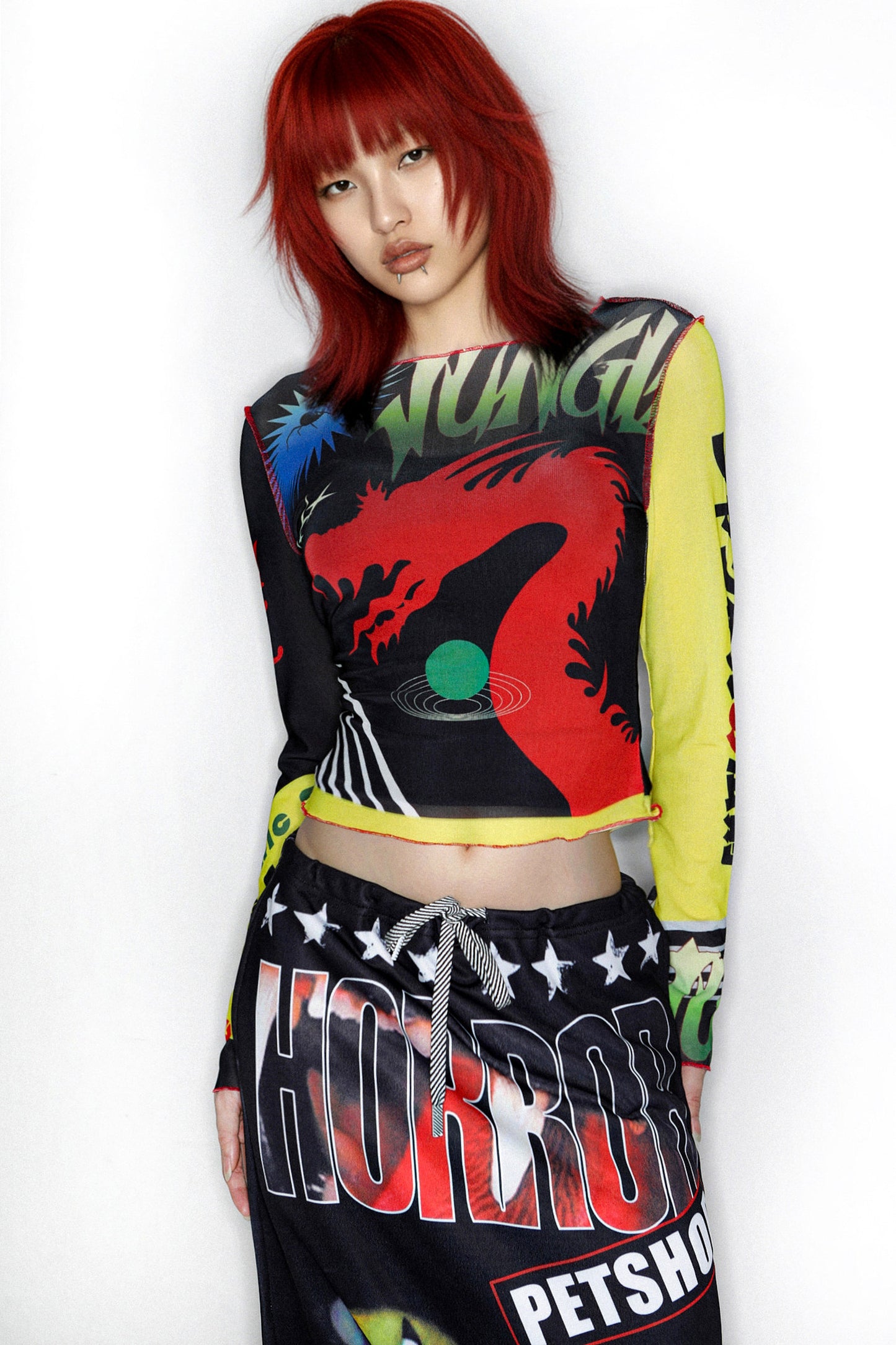 Y2K Graphic Long Sleeve Mesh Top
