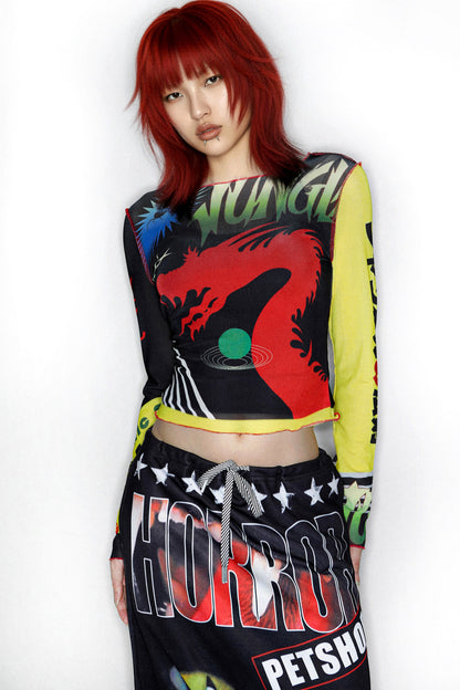 Y2K Graphic Long Sleeve Mesh Top