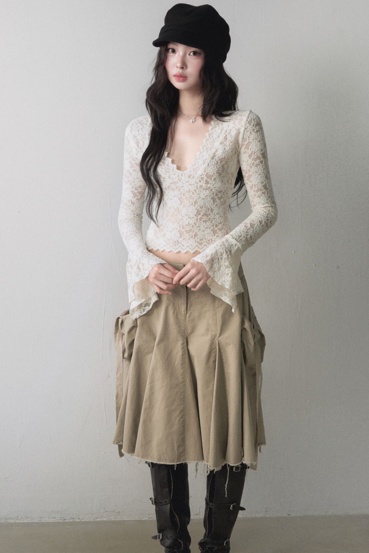 Lace V Neck Flared Sleeve Top