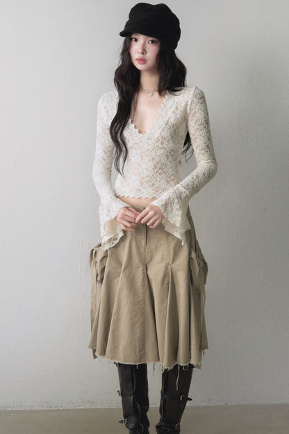 Lace V Neck Flared Sleeve Top