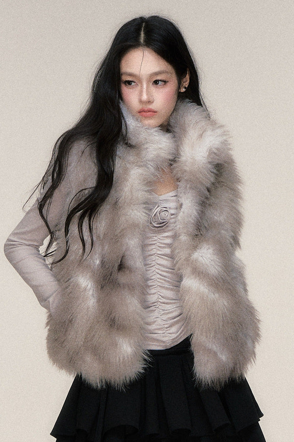 Gray Textured Fur Stand Collar Vest