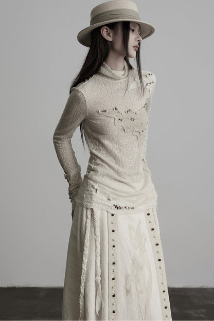 Irregular Lace Patchwork Long-Sleeve T-Shirt