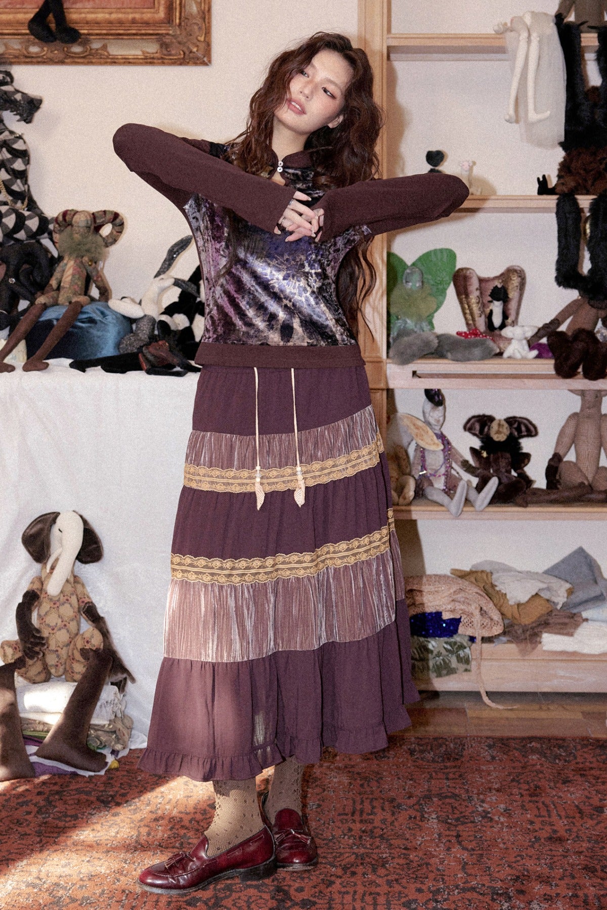 Crinkled Velvet Floral A-Line Skirt