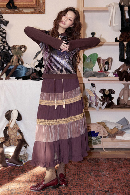 Crinkled Velvet Floral A-Line Skirt