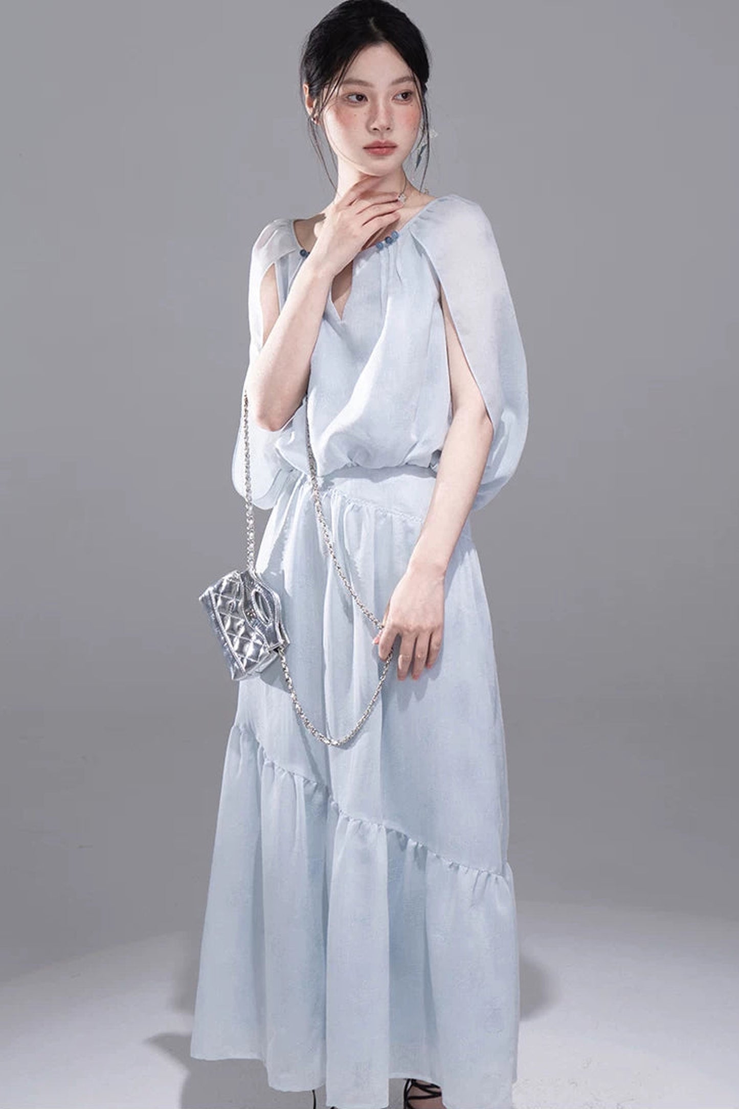Elegant Ice Blue Linen Cape Set