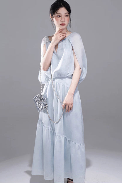 Elegant Ice Blue Linen Cape Set