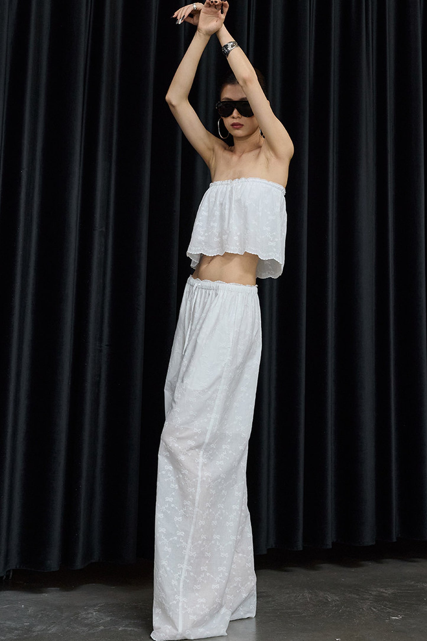 White Cotton Hollow Embroidery Top And Pants Set-Up