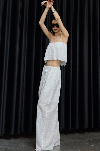 White Cotton Hollow Embroidery Top And Pants Set-Up