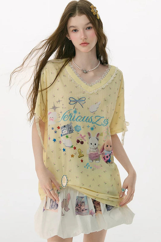 Yellow V-Neck Lace Floral T-Shirt